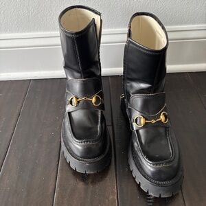 Black Leather Gucci Lug sole Horse Bit Loafer Boot size 39